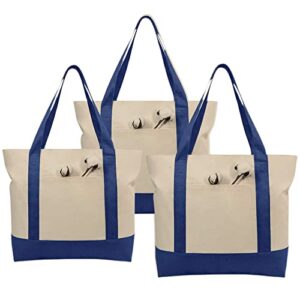 simpli-magic stylish canvas tote bag with an external pocket, top zipper closure, daily essentials, 3 pack, 20" x 15" x 6", blue/natural
