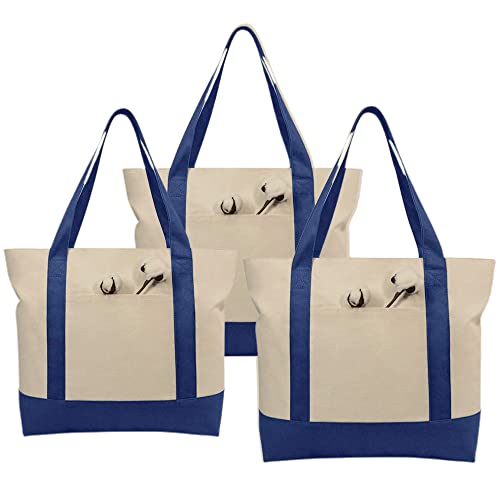 Simpli-Magic Stylish Canvas Tote Bag with an External Pocket, Top Zipper Closure, Daily Essentials, 3 Pack, 20" x 15" x 6", Blue/Natural