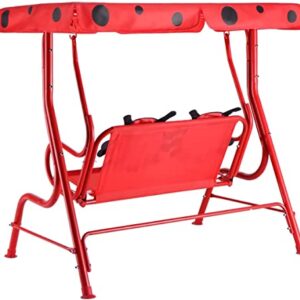 Fireflowery Kids Patio Swing, 2-Seater Outdoor Hanging Swing Bench w/Removable Canopy & Safety Belt, Porch Swing Lounge for Patio Garden Balcony Yard (Red Beetle)