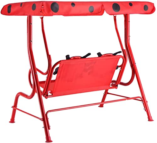 Fireflowery Kids Patio Swing, 2-Seater Outdoor Hanging Swing Bench w/Removable Canopy & Safety Belt, Porch Swing Lounge for Patio Garden Balcony Yard (Red Beetle)