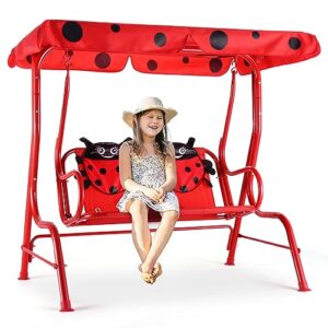 fireflowery kids patio swing, 2-seater outdoor hanging swing bench w/removable canopy & safety belt, porch swing lounge for patio garden balcony yard (red beetle)