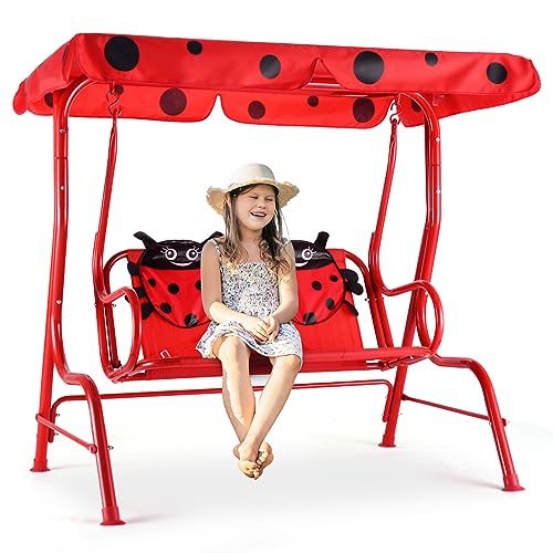 Fireflowery Kids Patio Swing, 2-Seater Outdoor Hanging Swing Bench w/Removable Canopy & Safety Belt, Porch Swing Lounge for Patio Garden Balcony Yard (Red Beetle)