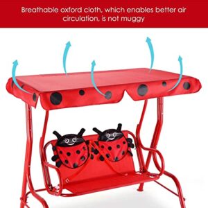 Fireflowery Kids Patio Swing, 2-Seater Outdoor Hanging Swing Bench w/Removable Canopy & Safety Belt, Porch Swing Lounge for Patio Garden Balcony Yard (Red Beetle)