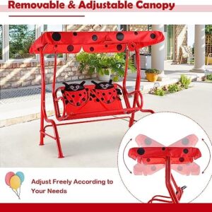 Fireflowery Kids Patio Swing, 2-Seater Outdoor Hanging Swing Bench w/Removable Canopy & Safety Belt, Porch Swing Lounge for Patio Garden Balcony Yard (Red Beetle)