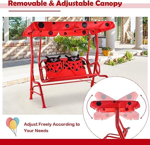 Fireflowery Kids Patio Swing, 2-Seater Outdoor Hanging Swing Bench w/Removable Canopy & Safety Belt, Porch Swing Lounge for Patio Garden Balcony Yard (Red Beetle)