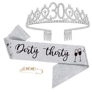 30th birthday sash and tiara for women, 30 "dirty thirty" birthday sash and crown, happy 30th birthday gifts for women queen party favors supplies and decorations, silver