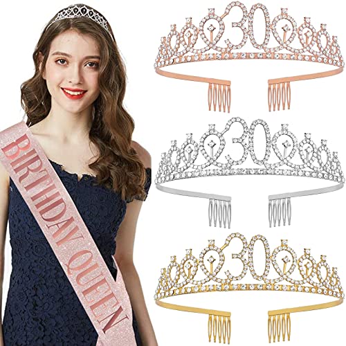 30th Birthday Sash and Tiara for Women, 30 "Dirty Thirty" Birthday Sash and Crown, Happy 30th Birthday Gifts for Women Queen Party Favors Supplies and Decorations, Silver