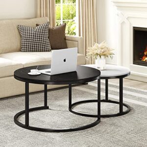 yitahome nesting coffee table set of 2, modern round stacking circle coffee tables with storage, wooden top metal frame end side cocktail tea center table for living room home office, black and white