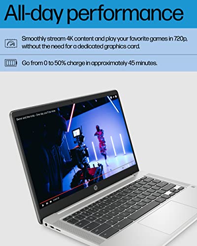 HP Chromebook 14 Laptop, Intel Celeron N4120, 4 GB RAM, 64 GB eMMC, 14" HD Display, Chrome OS, Thin & Portable, 4K Graphics, Long Battery Life, Ash Gray Keyboard (14a-na0210nr, 2022, Mineral Silver)