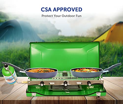 Flame King YSNBBQ-136M 3-Burner Portable Camping Stove Grill w/Toast Tray, Great for Outdoor Cooking, Backpacking, Compatible with 1LB Propane Gas Bottle