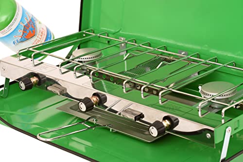 Flame King YSNBBQ-136M 3-Burner Portable Camping Stove Grill w/Toast Tray, Great for Outdoor Cooking, Backpacking, Compatible with 1LB Propane Gas Bottle