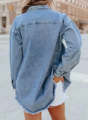Dokotoo Women's Washed Boyfriend Oversized Lapel Button Up Long Sleeve Denim Trucker Jacket Vintage Ripped Denim Jackets Fashion Vintage Jean Jacket for Women,(US 16-18) XL,Sky Blue