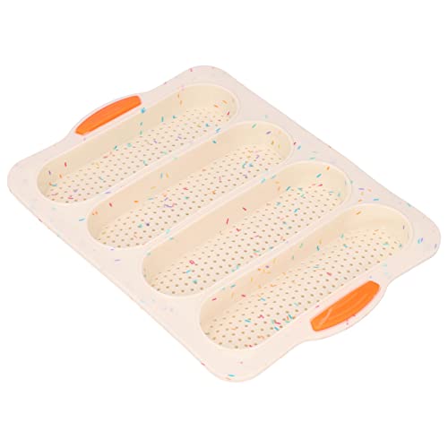 Headerbs French Bread Pan, Baguette 4 Grooves Silicone Soft Smooth Surface Bread Mould Baking Pan Kitchen Tool(13.15x9.25x0.98in)(Beige color bar)