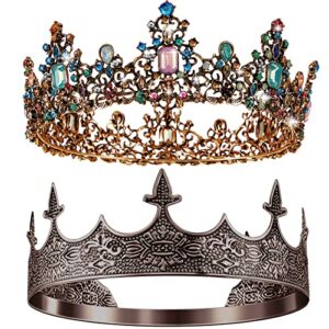 2 pcs antique royal king crown for men baroque queen crown for women crystal tiara crowns prom accessories halloween costume (noble style)