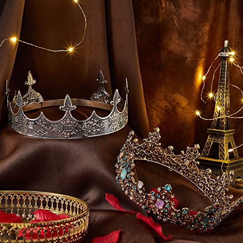 2 Pcs Antique Royal King Crown for Men Baroque Queen Crown for Women Crystal Tiara Crowns Prom Accessories Halloween Costume (Noble Style)