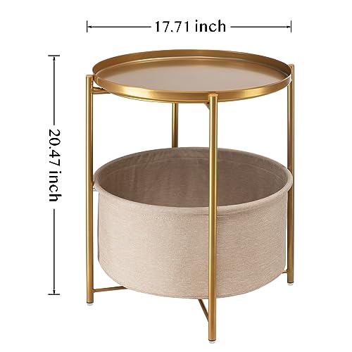 danpinera Round Side Table with Fabric Storage Basket, Metal Small Bedside Nightstand with Removable Tray Top for Living Room, Bedroom, Nursery, Laundry, Gold