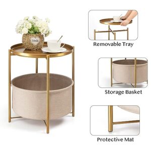 danpinera Round Side Table with Fabric Storage Basket, Metal Small Bedside Nightstand with Removable Tray Top for Living Room, Bedroom, Nursery, Laundry, Gold