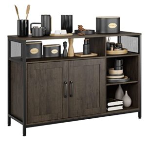 hithos kitchen wood floor cabinet, accent sideboard buffet with storage, doors and shelves, industrial living room dining room furniture, dark brown