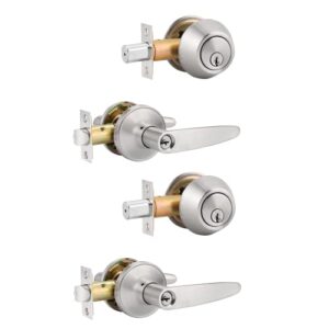 probrico 2 pack door handles lever with double cylinder deadbolts combo, keyed alike entry door knobs handleset lockset leverset, brushed satin nickel