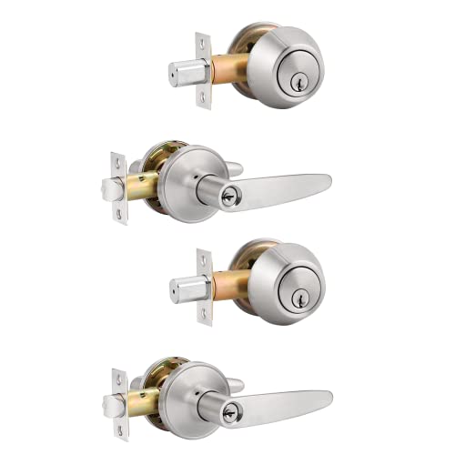 Probrico 2 Pack Door Handles Lever with Double Cylinder Deadbolts Combo, Keyed Alike Entry Door Knobs Handleset Lockset Leverset, Brushed Satin Nickel