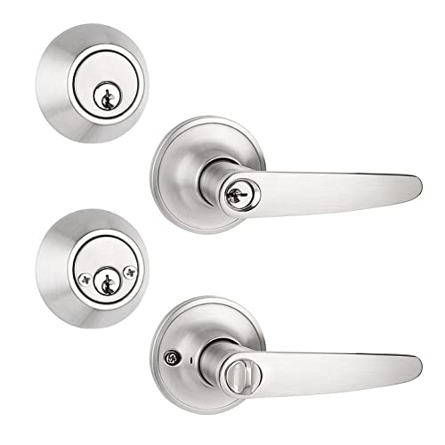 Probrico 2 Pack Door Handles Lever with Double Cylinder Deadbolts Combo, Keyed Alike Entry Door Knobs Handleset Lockset Leverset, Brushed Satin Nickel