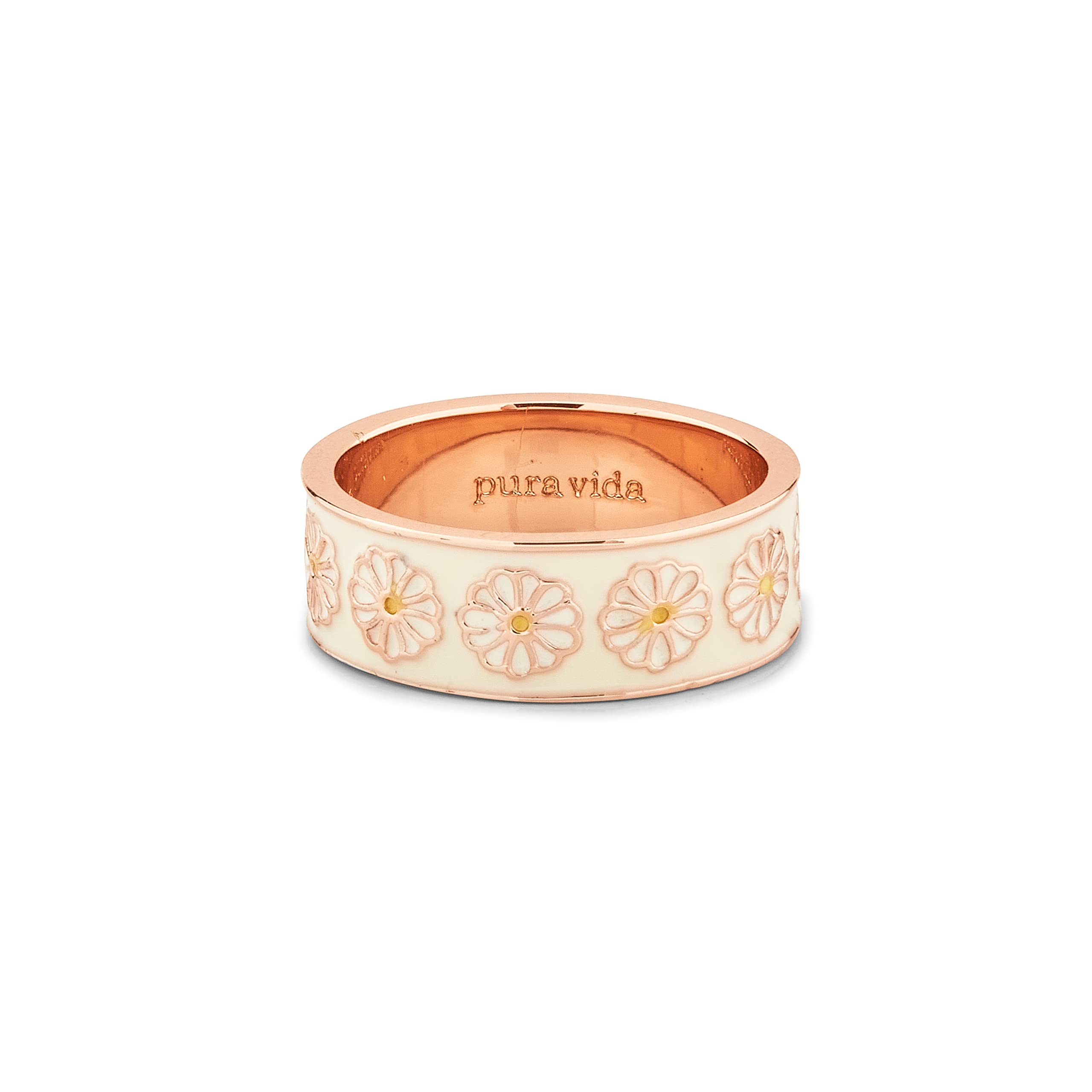 Pura Vida Rose Gold Plated Dreamy Daisy Ring - Brass Base, Stackable Band, Brand Stamp - Size 7
