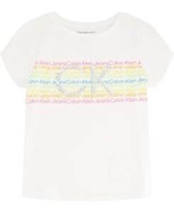 calvin klein girls' short sleeve logo t-shirt, comfortable fit cotton tee with tagless interior, white rainbow 03g, 8-10
