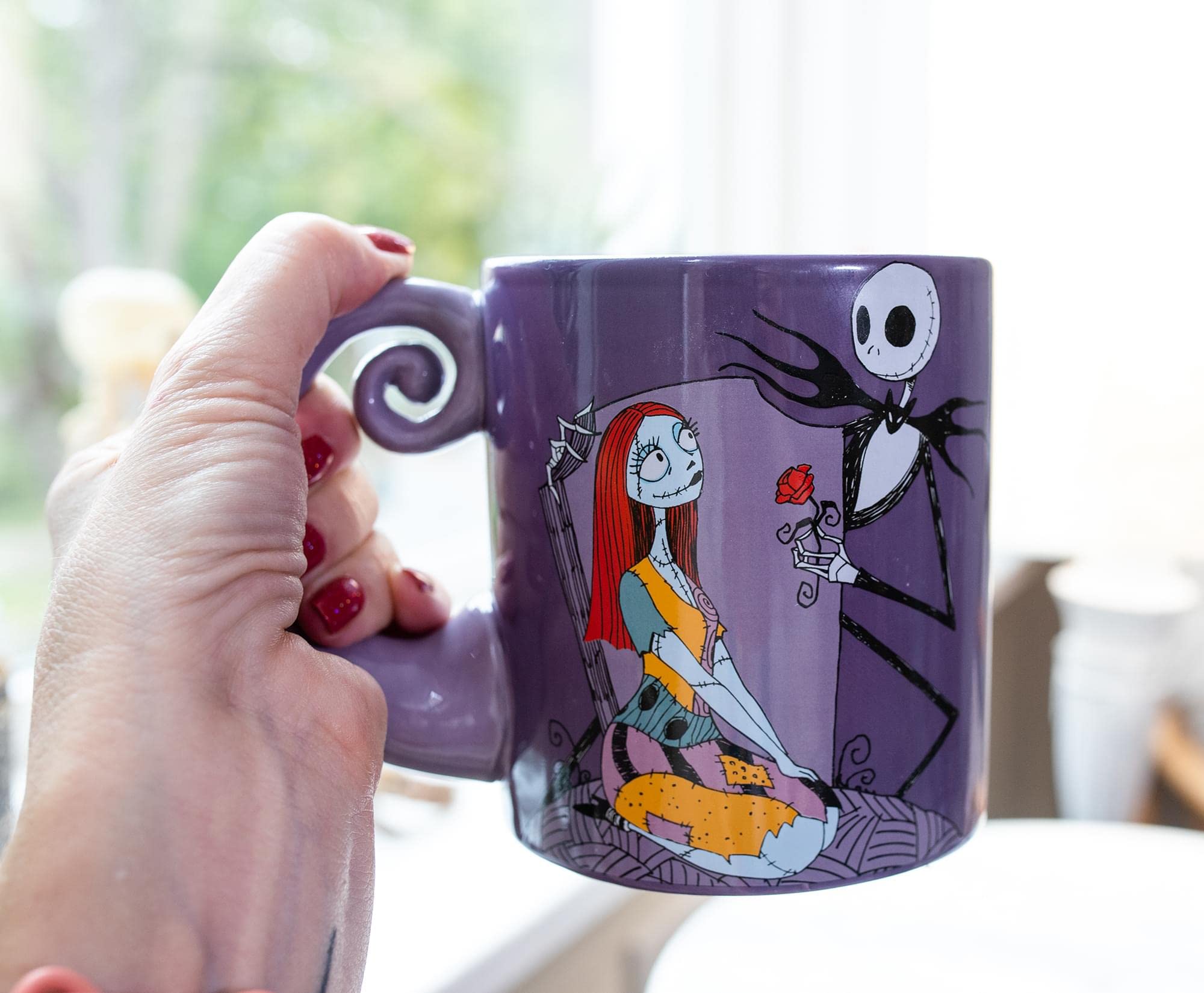 Disney The Nightmare Before Christmas Jack & Sally Spiral Handle Ceramic Mug | BPA-Free Large Coffee Cup For Beverages, Home & Kitchen Essentials | Halloween Gifts and Collectibles | Holds 20 Ounces