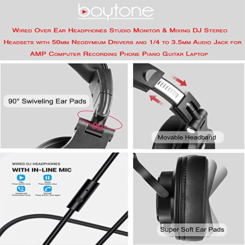 Boytone BT-10BR Wired Over Ear Headphones Hi-Res Studio Monitor & Mixing DJ Stereo Headsets with 50mm Drivers and 1/4 to 3.5mm Audio Jack, Foldable for Computer Recording Phone Guitar Laptop