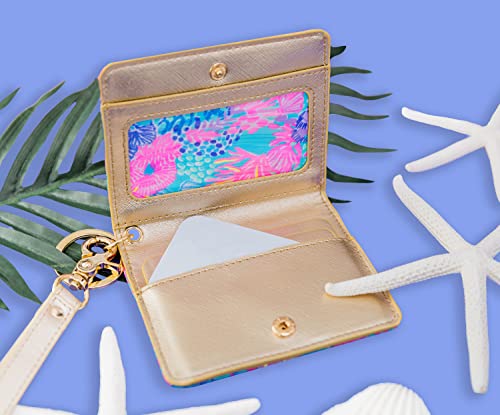 Lilly Pulitzer Snap ID Card Case, Cute Keychain Wallet, Slim Credit Card Holder with Wristlet Strap, Splendor in the Sand S