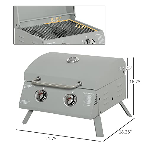 Outsunny 2 Burner Propane Gas Grill Outdoor Portable Tabletop BBQ with Foldable Legs, Lid, Thermometer for Camping, Picnic, Backyard, Light Grey