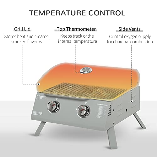 Outsunny 2 Burner Propane Gas Grill Outdoor Portable Tabletop BBQ with Foldable Legs, Lid, Thermometer for Camping, Picnic, Backyard, Light Grey