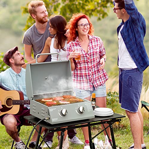 Outsunny 2 Burner Propane Gas Grill Outdoor Portable Tabletop BBQ with Foldable Legs, Lid, Thermometer for Camping, Picnic, Backyard, Light Grey