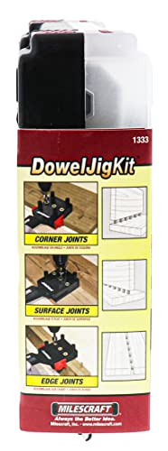 Milescraft 1333 Dowel Jig Kit - New, Improved, Self-Centering Handheld Dowel Jig with 3 Metal Bushing Sizes (1/4in, 5/16in, 3/8in) - Complete Doweling Jig Kit with all Accessories