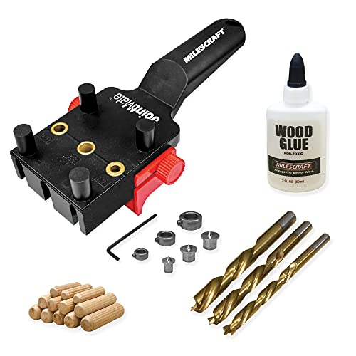 Milescraft 1333 Dowel Jig Kit - New, Improved, Self-Centering Handheld Dowel Jig with 3 Metal Bushing Sizes (1/4in, 5/16in, 3/8in) - Complete Doweling Jig Kit with all Accessories