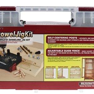 Milescraft 1333 Dowel Jig Kit - New, Improved, Self-Centering Handheld Dowel Jig with 3 Metal Bushing Sizes (1/4in, 5/16in, 3/8in) - Complete Doweling Jig Kit with all Accessories