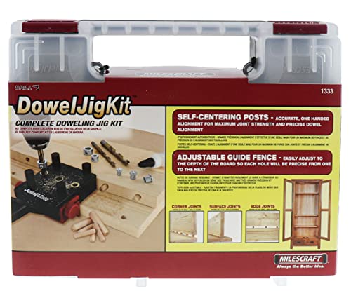 Milescraft 1333 Dowel Jig Kit - New, Improved, Self-Centering Handheld Dowel Jig with 3 Metal Bushing Sizes (1/4in, 5/16in, 3/8in) - Complete Doweling Jig Kit with all Accessories