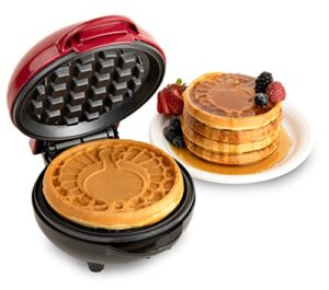 nostalgia mymini personal electric heart turkey waffle maker, 5-inch cooking surface, waffle iron for hash browns, french toast, grilled cheese, quesadilla, brownies, cookies, red