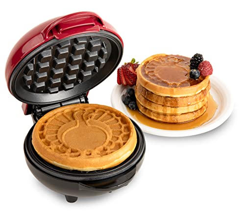 Nostalgia MyMini Personal Electric Heart Turkey Waffle Maker, 5-Inch Cooking Surface, Waffle Iron for Hash Browns, French Toast, Grilled Cheese, Quesadilla, Brownies, Cookies, Red