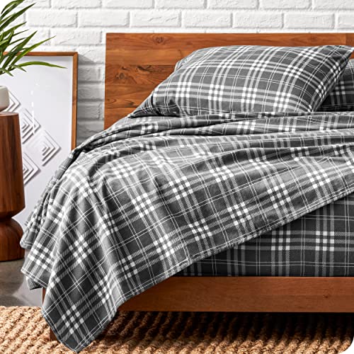 Bare Home Flannel Sheet Set Prints, 100% Cotton, Velvety Soft Heavyweight - Double Brushed Flannel for Extra Softness & Comfort - Deep Pocket - Bed Sheets (Cal King, Stirling Plaid - Grey/White)