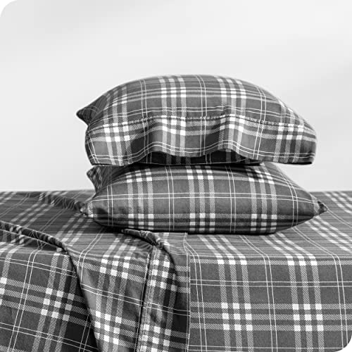 Bare Home Flannel Sheet Set Prints, 100% Cotton, Velvety Soft Heavyweight - Double Brushed Flannel for Extra Softness & Comfort - Deep Pocket - Bed Sheets (Cal King, Stirling Plaid - Grey/White)