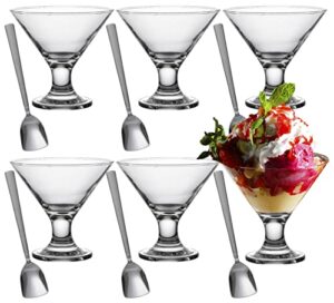 glasia set of 6 glass ice cream bowls and 6 stainless steel spoons | small dessert cups for parfait sundae snacks fruit | mini footed trifle tasters with spoon | lead-free glass dessert serving dishes