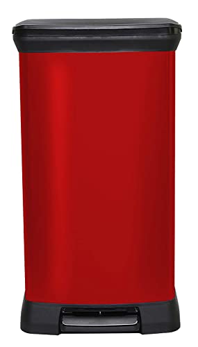 CURVER Metal Effect Kitchen One Touch Deco Bin, Red, 50 Litre