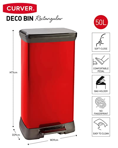 CURVER Metal Effect Kitchen One Touch Deco Bin, Red, 50 Litre