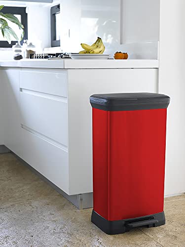 CURVER Metal Effect Kitchen One Touch Deco Bin, Red, 50 Litre