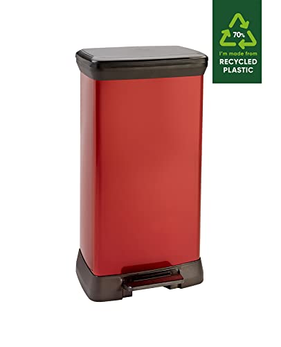 CURVER Metal Effect Kitchen One Touch Deco Bin, Red, 50 Litre