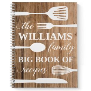 big book of recipes personalized 8.5" x 11" recipe notebook, durable gloss laminated softcover, 120 recipe pages, white wire-o spiral. made in the usa.