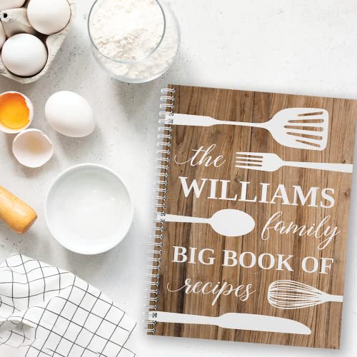 Big Book of Recipes Personalized 8.5" x 11" Recipe Notebook, Durable Gloss Laminated Softcover, 120 Recipe Pages, White Wire-o spiral. Made in the USA.