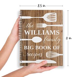 Big Book of Recipes Personalized 8.5" x 11" Recipe Notebook, Durable Gloss Laminated Softcover, 120 Recipe Pages, White Wire-o spiral. Made in the USA.