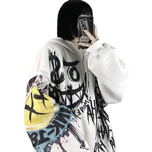 momeitu gothic women's hooded sweater female raw bag easier doodle print plus velvet thick long sleeve shirt (s, white)